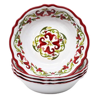 Set of high quality BPA free melamine cereal bowls with decorative red and green holiday patterns on a white background