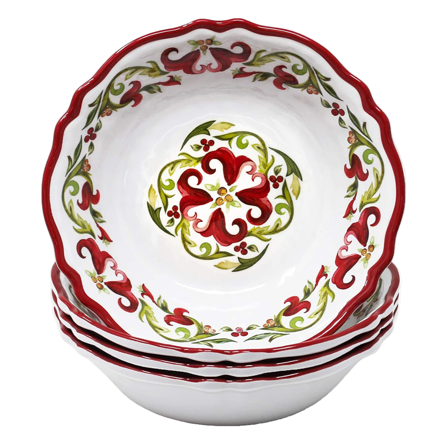 Set of high quality BPA free melamine cereal bowls with decorative red and green holiday patterns on a white background