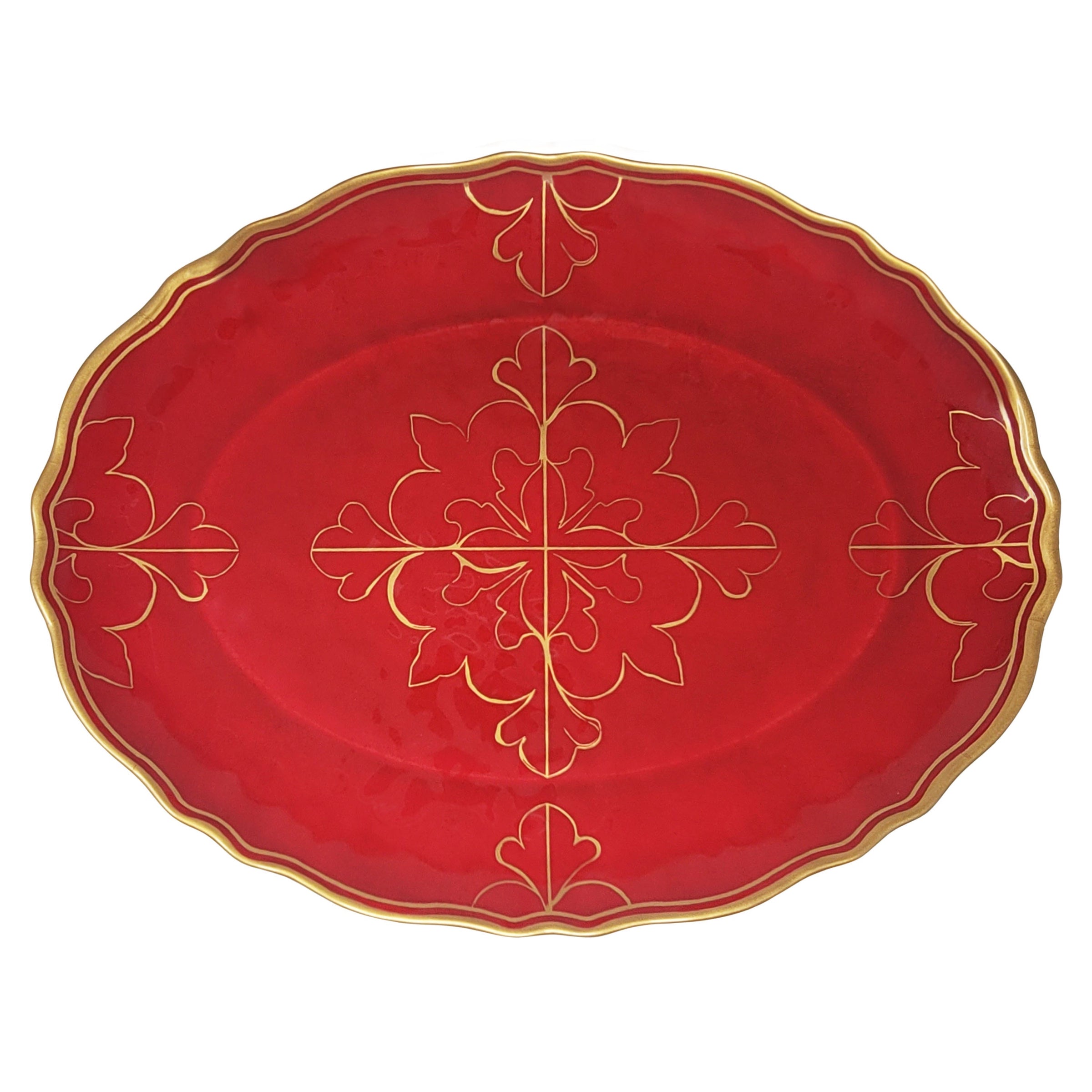 A full view of the 16" Le Cadeaux Bellini Oval Platter, showcasing its rich red and gold holiday design—ideal for elegant seasonal entertaining.