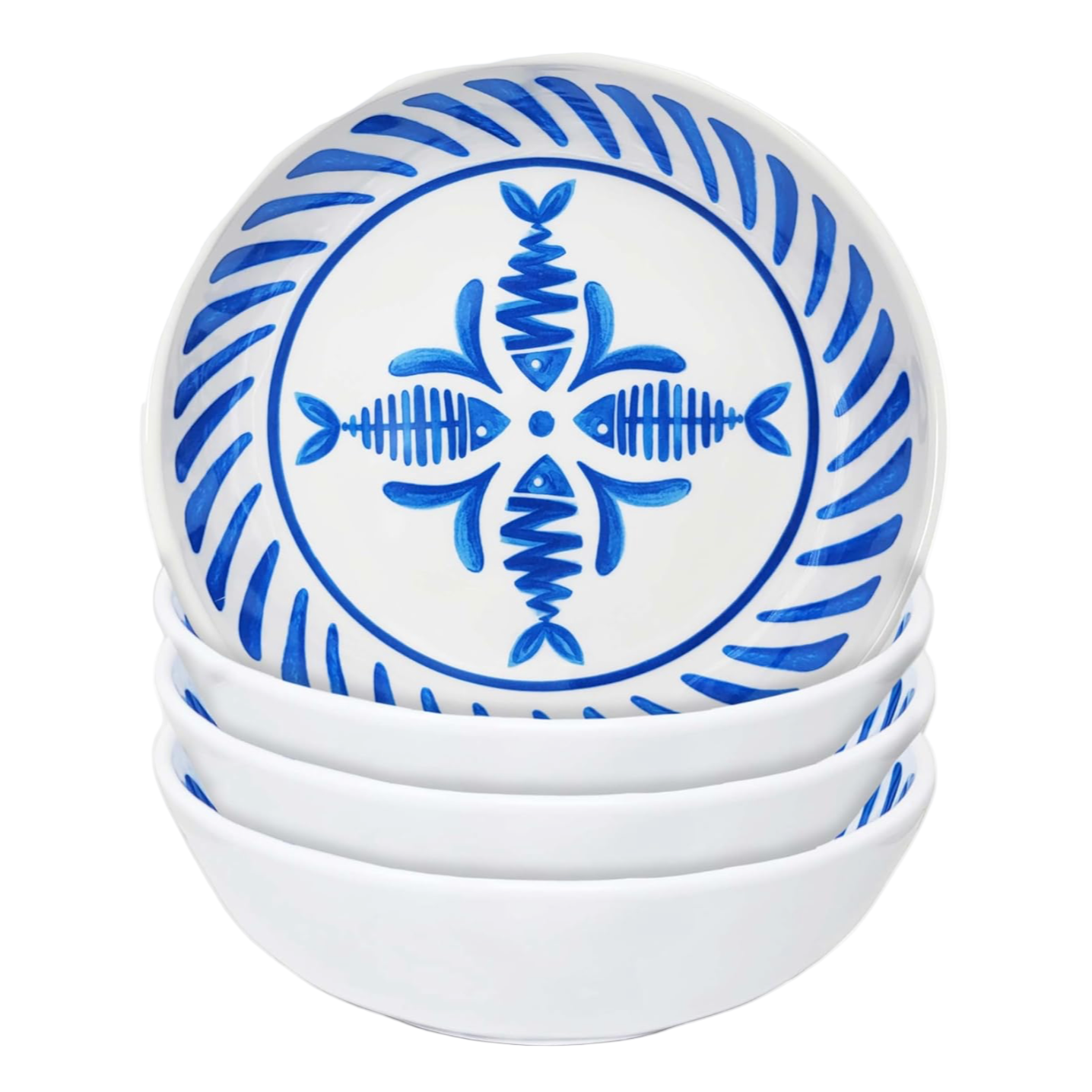 Set of four le cadeaux mediterraneo white and blue cereal bowls with blue fish pattern on a white background, item 347MDT, upc: 810056678081