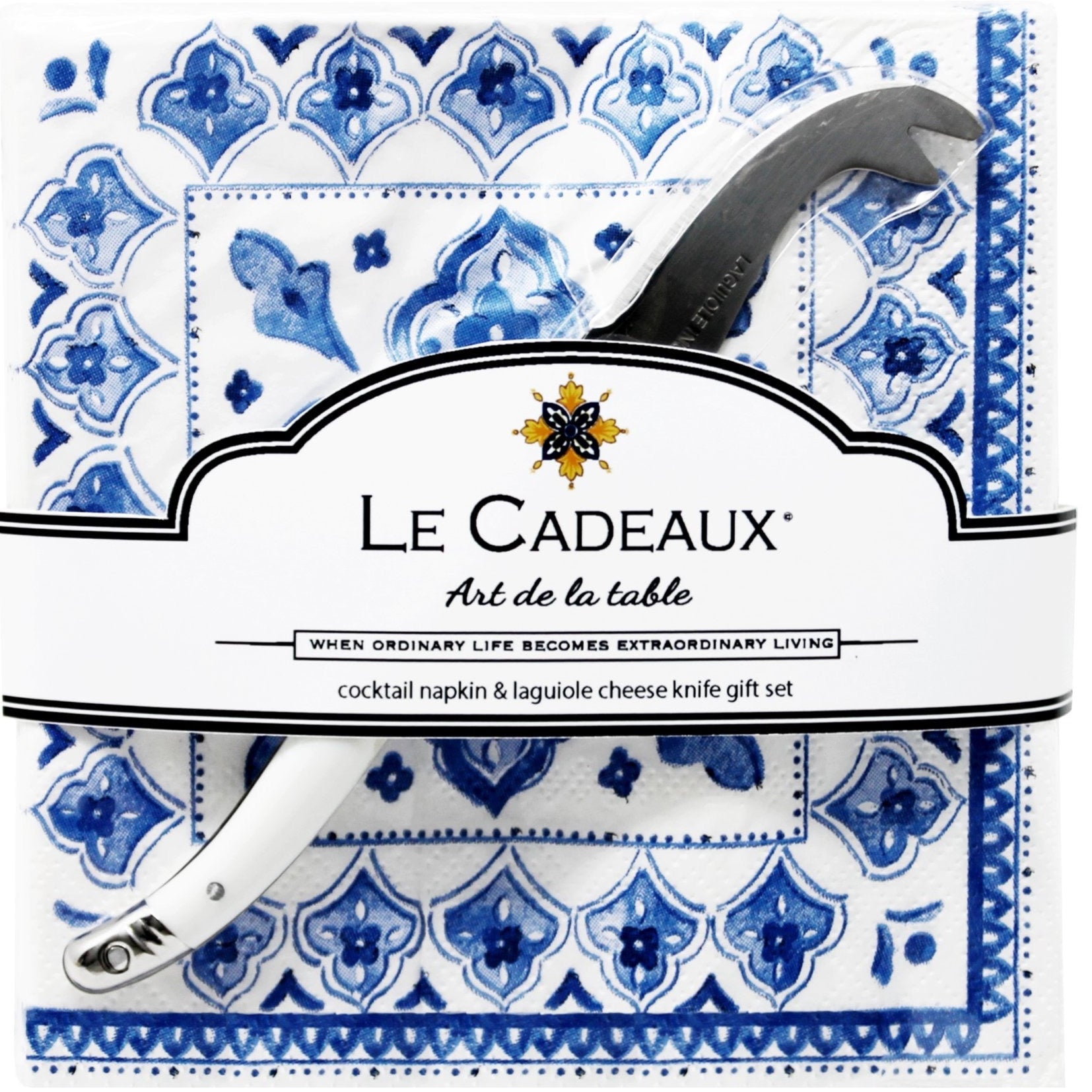 810056672515+Le+Cadeaux+Moroccan+Blue+256MRCB+cocktail+napkin+and+mini+cheese+knife+gift+set