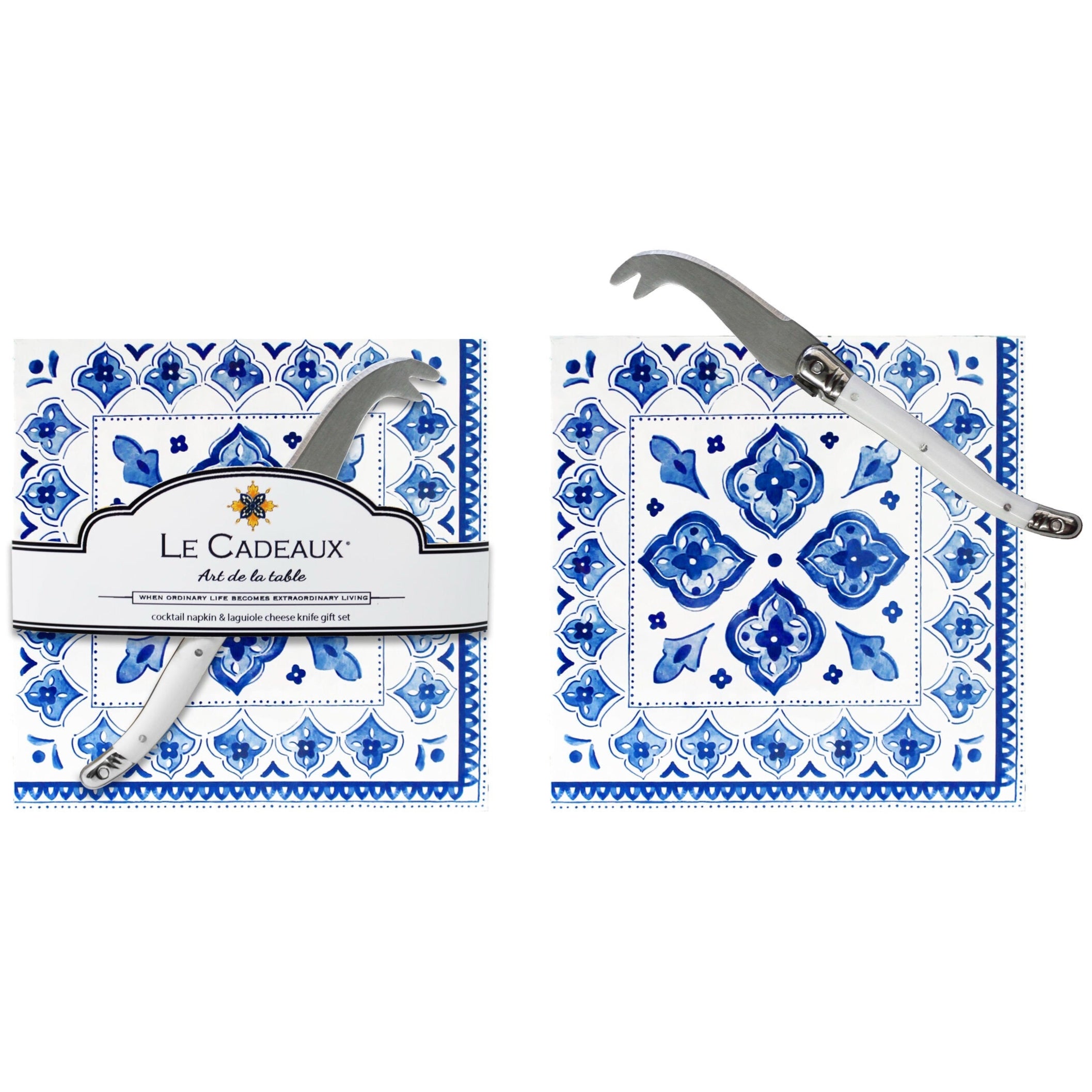 both+sides+of+810056672515+Le+Cadeaux+Moroccan+Blue+256MRCB+cocktail+napkin+and+mini+cheese+knife+gift+set