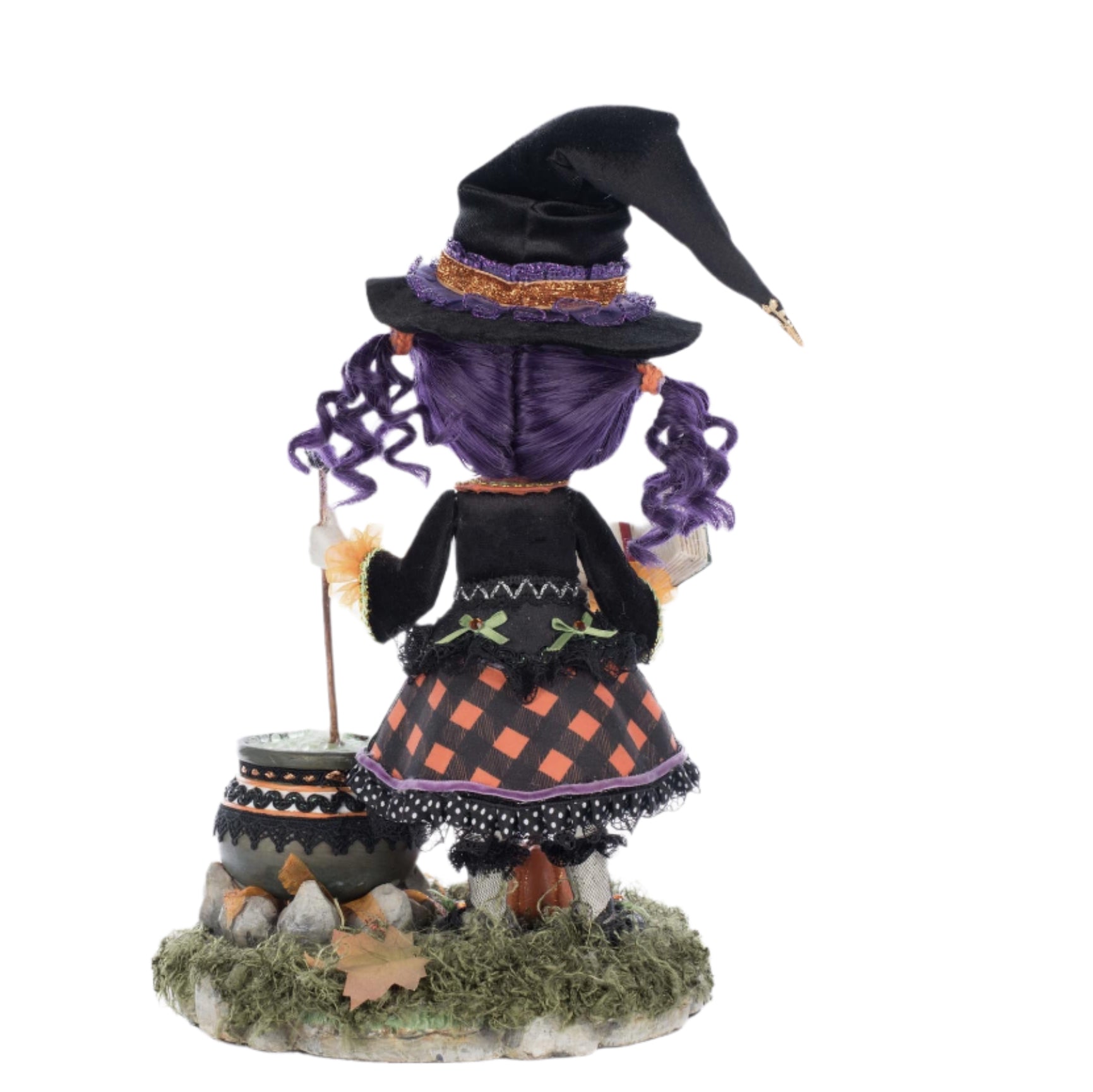Rear view highlighting her curled purple ringlets and fabric detail.