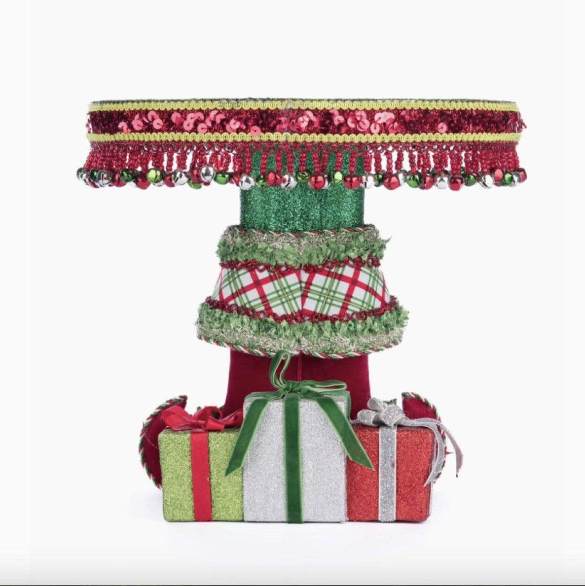 Elf Boots Cake Plate 28-428347 | Food Safe Holiday Dessert Stand | View of presents | GTIN 810074128339