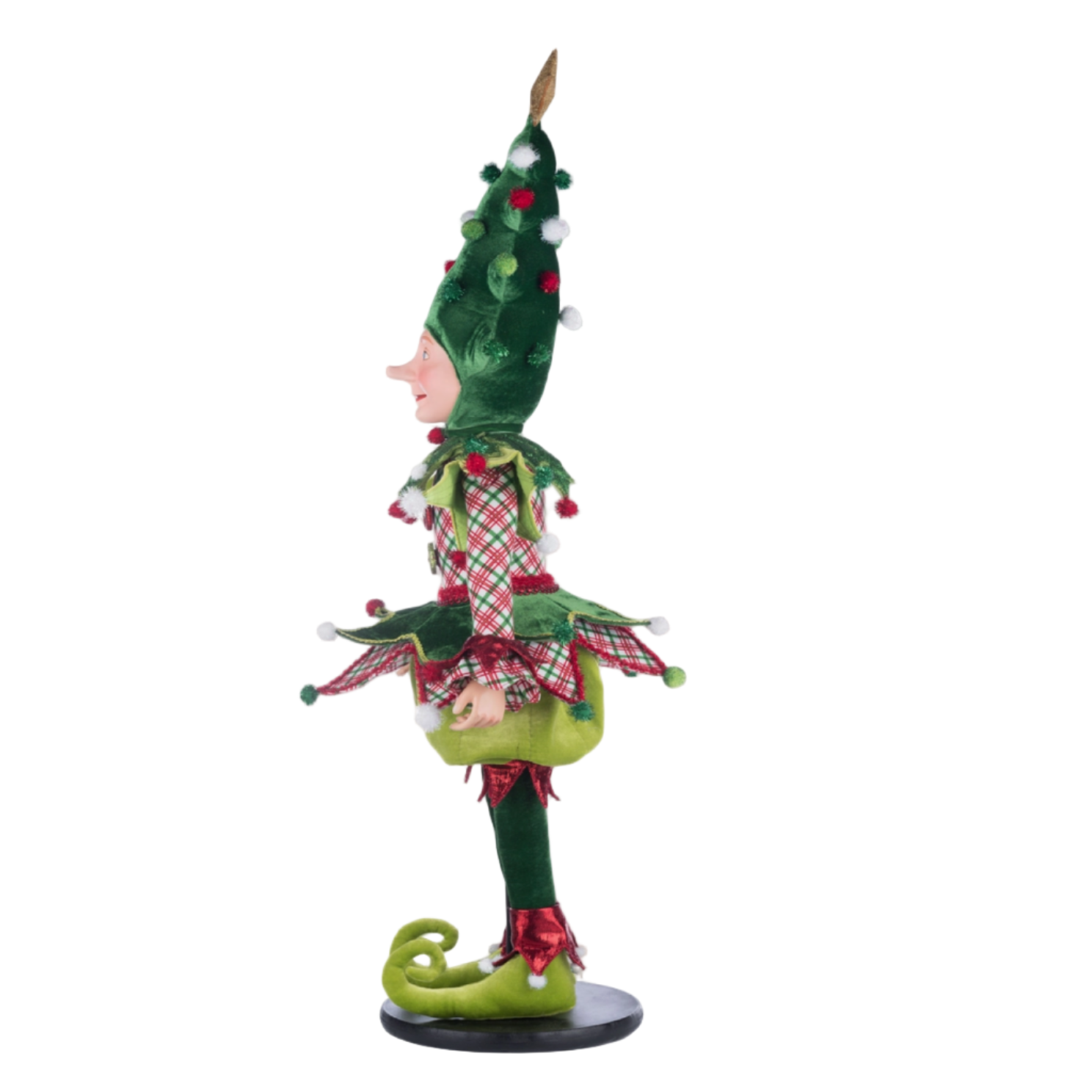 Side profile of Barry Jingles Elf Doll wearing plaid outfit with pom poms, SKU 28-428349, GTIN 810074128353.