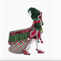Close-up of soft velvet and cheerful plaid outfit on Winter Snowdrop Elf With Bag, SKU 28-428412, GTIN 810074128506