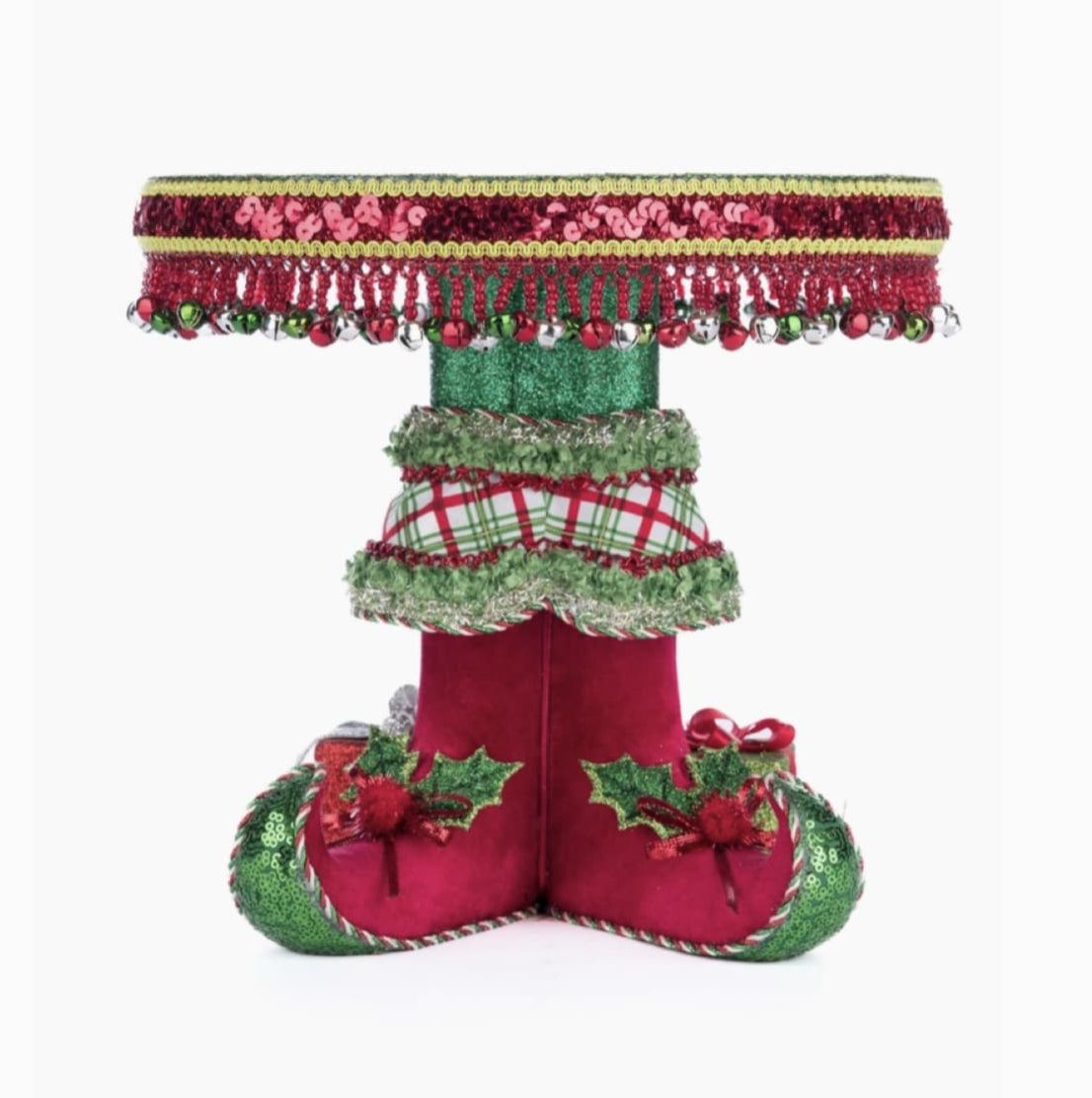 Katherine’s Collection Elf Boots Cake Plate (SKU 28-428347, GTIN 810074128339) with velvet elf shoes, sequins, jingle bells, and holly leaf tray.