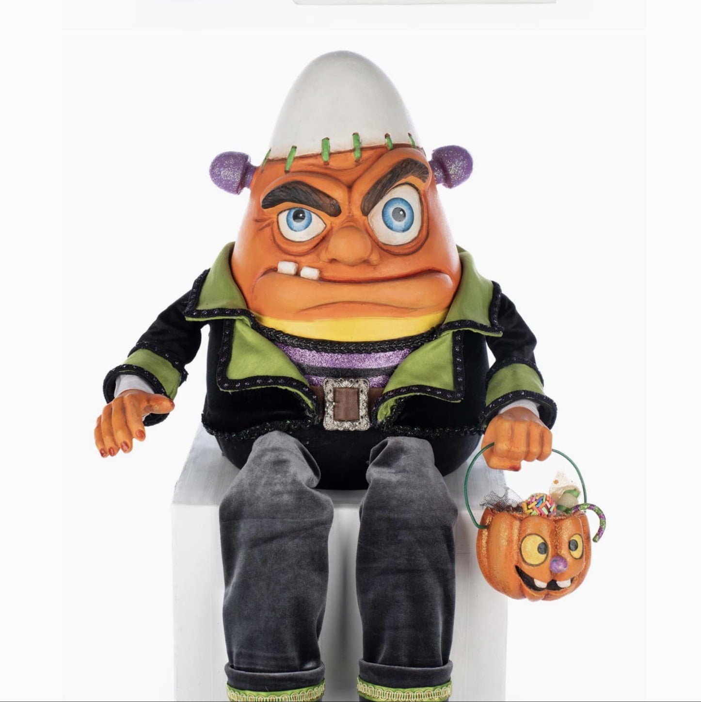 Close-up of Frankie’s mischievous grin, tiny head bolts, and hand-painted features.