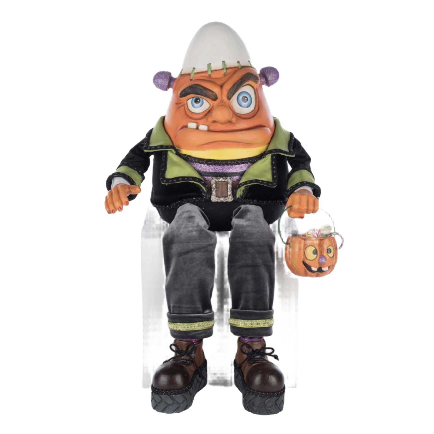 Front view of Frankie Corn Ledge Sitter showing velvet costume, stitched grin, and pumpkin candy pail.