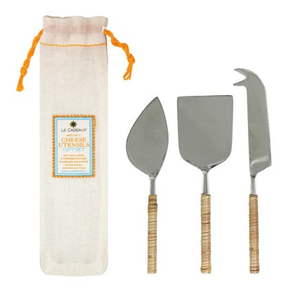 Paired with a cotton drawstring bag, our natural rattan wrapped cheese utensils are versatile and ready for gifting! Not just for cheese, this utensil set multi-tasks well for small serving needs such as pâté, hummus, and other small appetizers. Pairs back with our Valencia and Sicily dinnerware and serving pieces. Product includes three small cheese utensils, 5” in length with natural rattan wrapped handles, as well as a cotton bag perfect for gifting or storing!