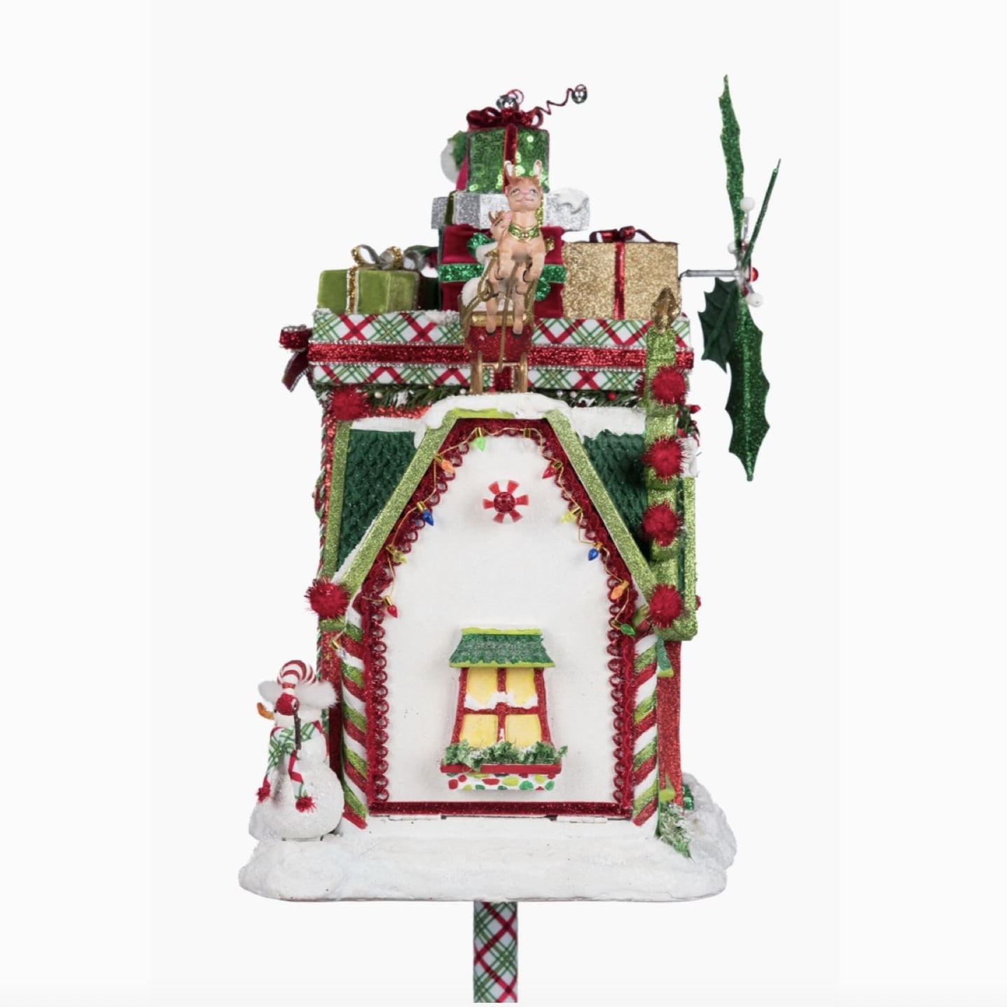 Whimsical Village Mailbox displayed as tabletop Christmas décor with Santa and reindeer accents.