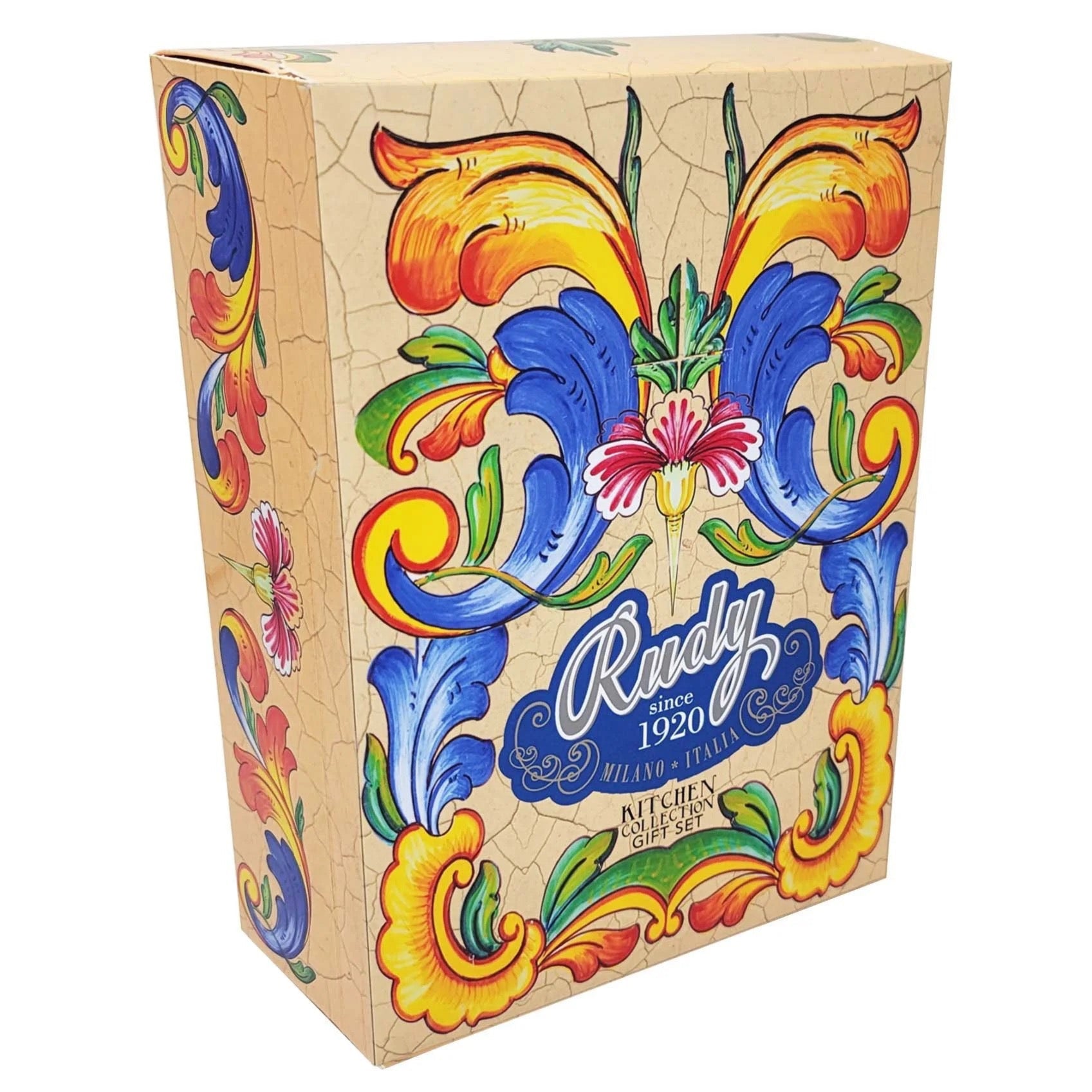 Elegant Italian kitchen gift set (SKU CCGS-5354, GTIN 810056678753) with Ortus hand soap, dish soap, and soft cotton tea towel, made in Italy.