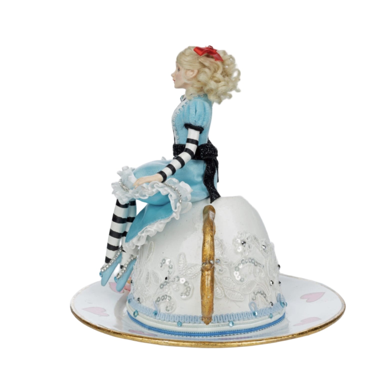 Side profile of Katherine’s Collection Blue Alice on ornate teacup with red hearts and flowers