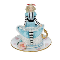 Front view of Katherine’s Collection Blue Alice on Teacup figurine with golden handle and floral detail