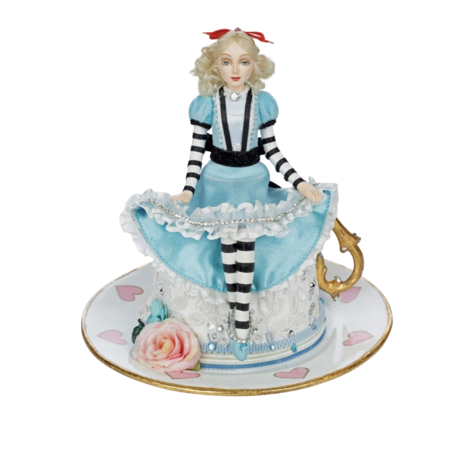 Front view of Katherine’s Collection Blue Alice on Teacup figurine with golden handle and floral detail