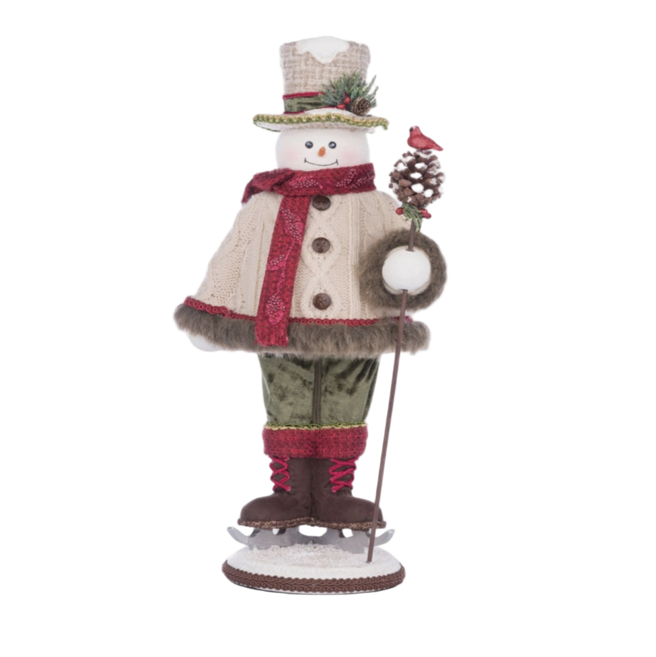 Front view of Katherine’s Collection Frosty Snowfield Snowman, SKU 28-428271, GTIN 810074127844, in fur-trimmed knits with walking stick.