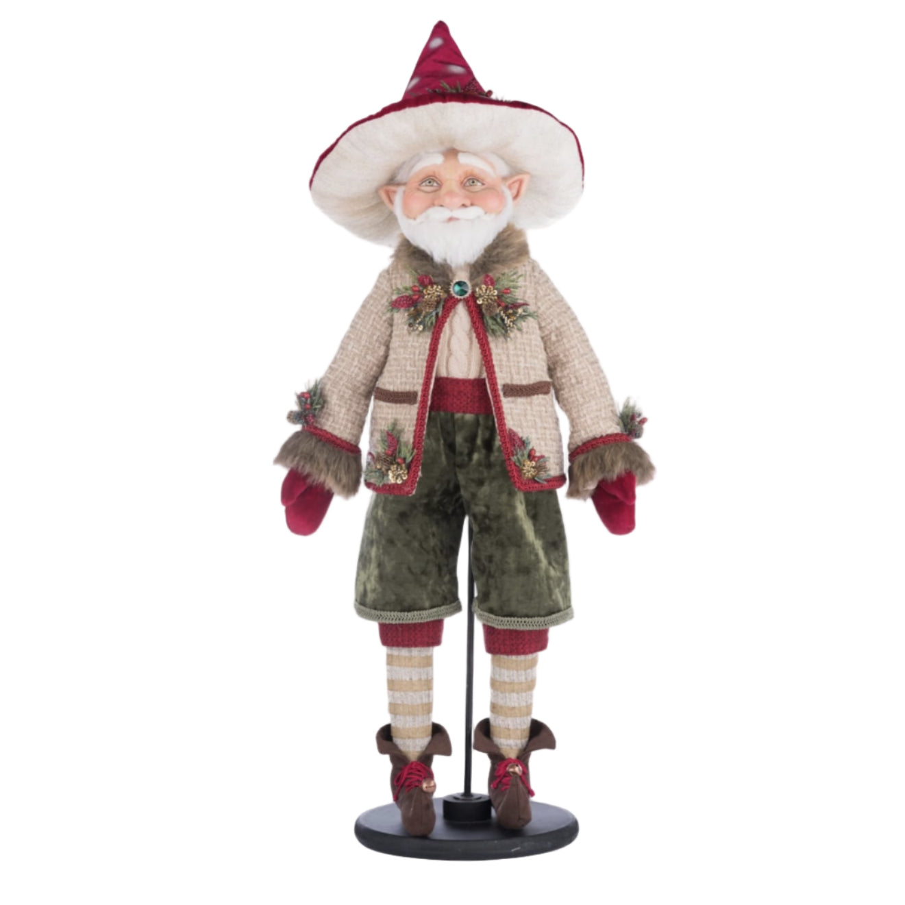 Front view of William Woodear Elf by Katherine’s Collection, SKU 28-428262, GTIN 810074127776, wearing fur-lined knits in cranberry and green.