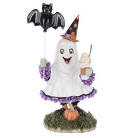 Front-facing view of Shadow the Ghost Girl, showcasing her organza gown, flying bat balloon, and ice blended drink with whip cream.