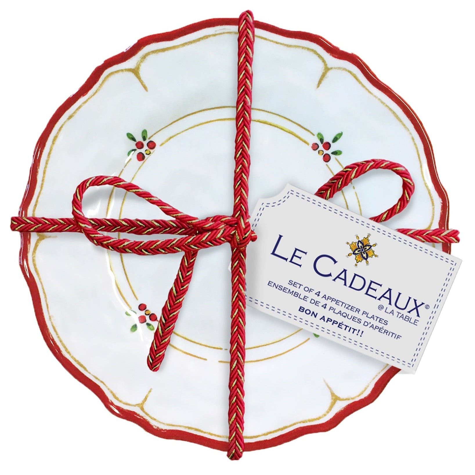 Le Cadeaux Natalie four-piece Decorative Holiday appetizer plate set with decorative red ribbon and 'Le Cadeaux' label on a white background