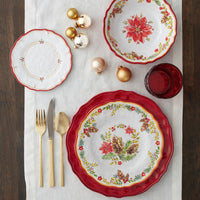Le Cadeaux Garnet Dinner Plates in deep red melamine finish for holiday dining with Le Cadeaux Noel, and Natale Plates