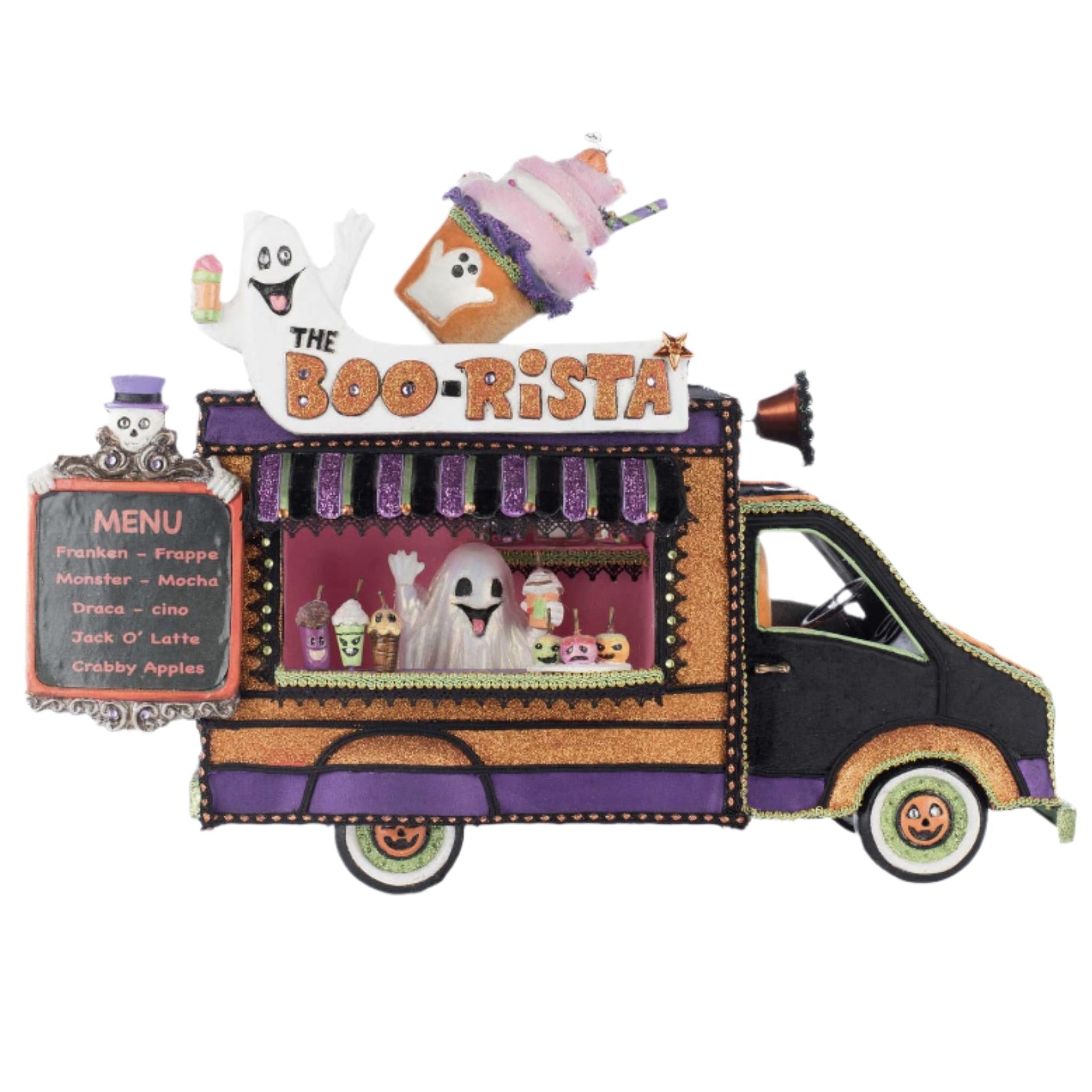 Illustration of a Halloween-themed ice cream truck with ghost characters on a white background.
