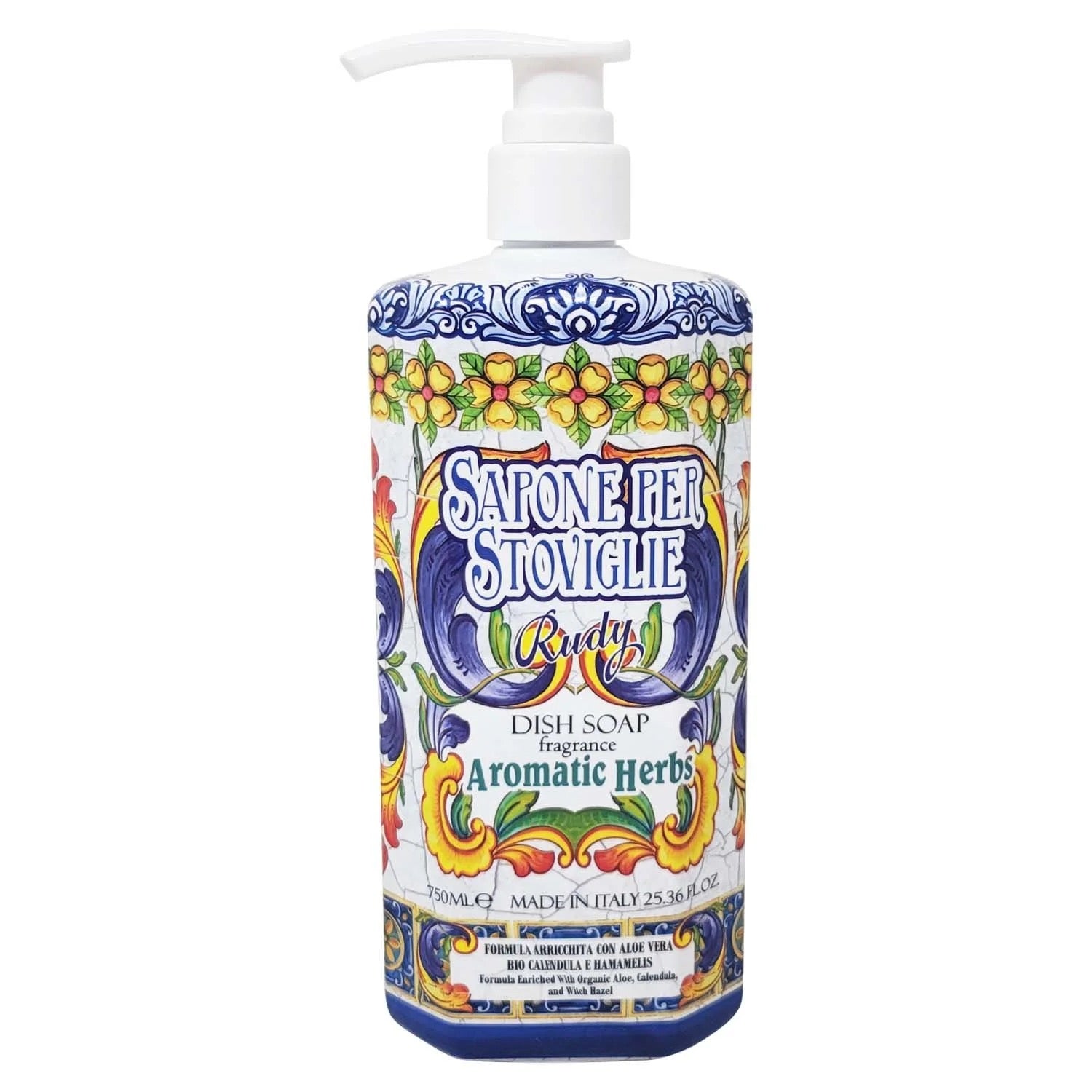 Gentle yet effective Rudy dish soap made in Italy with soothing aloe and herbal botanicals, ideal for sensitive hands.