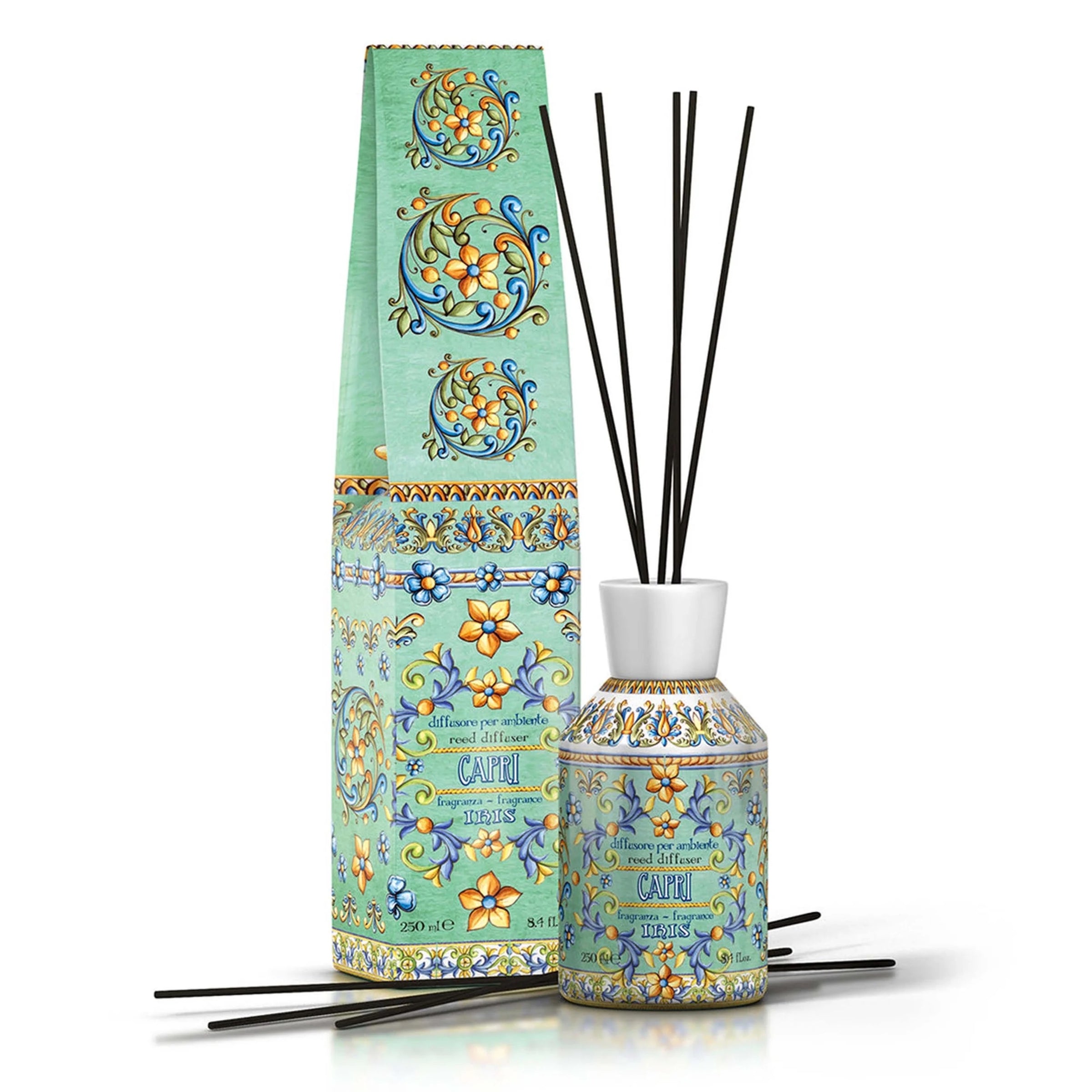 Elegant Rudy Profumi Capri Room Diffuser 250 ml with citrus, vanilla, and amber scent — Italian home fragrance GTIN 8008860034113.