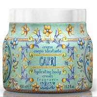 Close-up of Rudy Profumi Capri Moisturizing Body Cream 15.2 oz (450 ml), Italian-made floral body lotion with iris and ylang ylang fragrance.