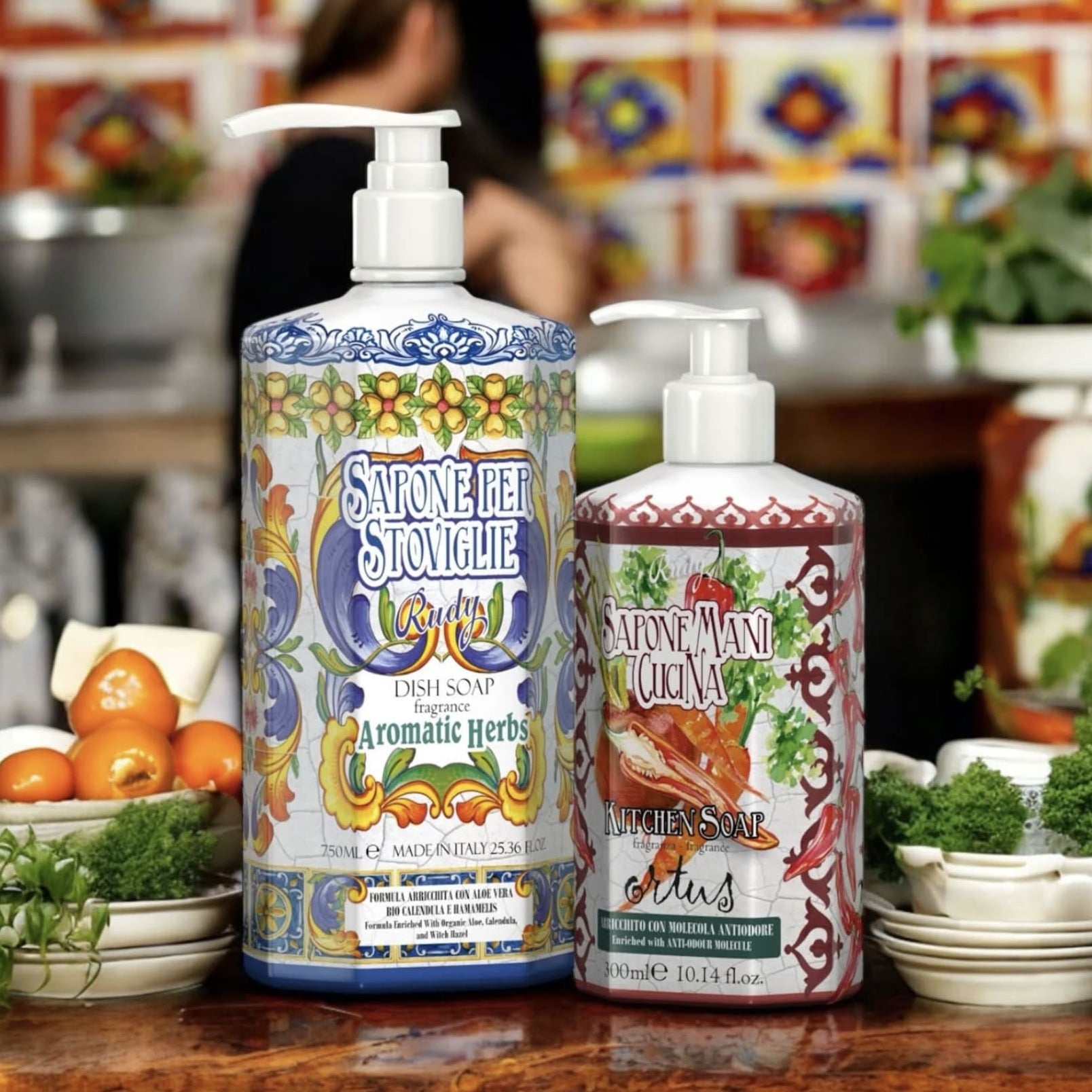 Italian hostess gift set (SKU CCGS-5354) by Rudy Profumi featuring Ortus hand soap, dish soap, and a premium cotton tea towel.