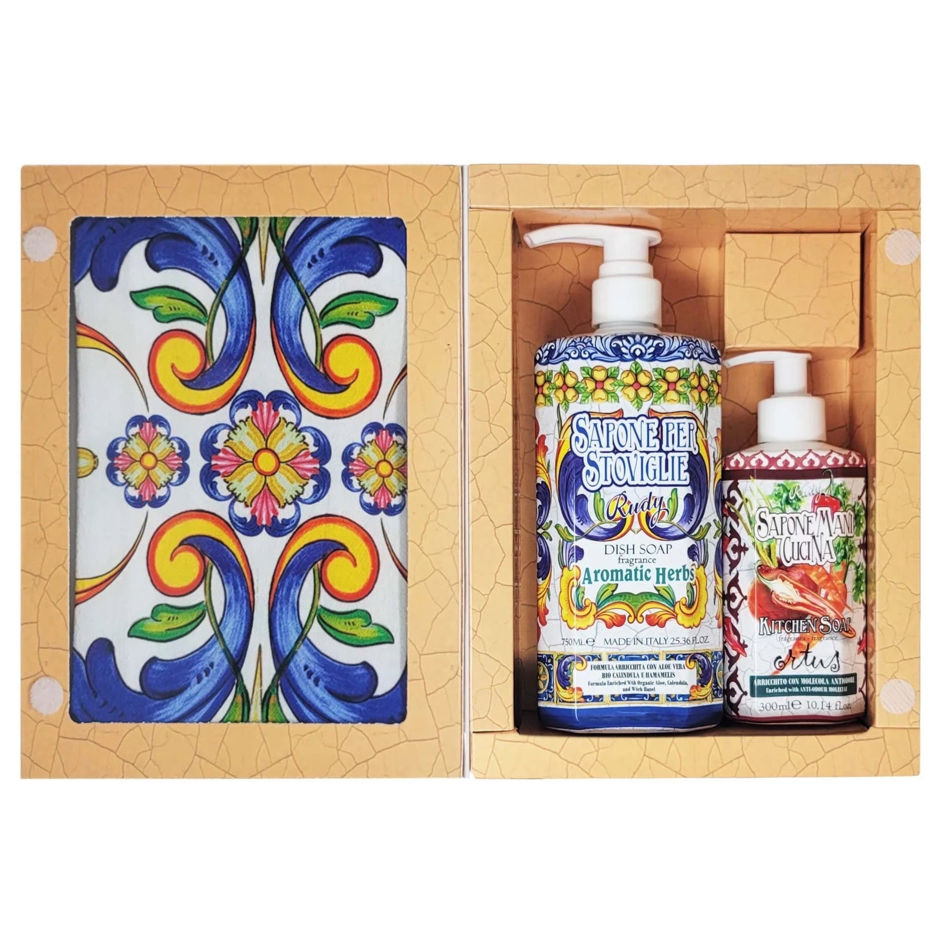 Rudy Profumi Kitchen Gift Boxed Set (SKU CCGS-5354, GTIN 810056678753) featuring Italian hand soap, dish soap, and 100% cotton tea towel.