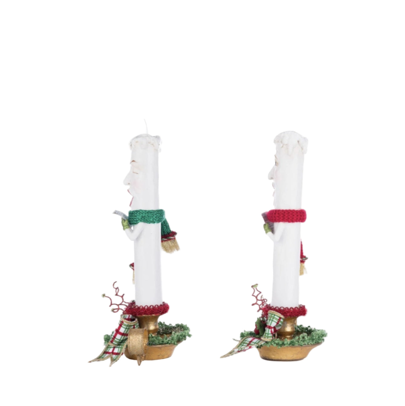 left Side view showing gold leaf base and holly trim on Katherine’s Collection Caroling Candles Set, SKU 28-428536, GTIN 810074128582.