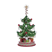 Katherine’s Collection Village of Holly Woods Whimsical Table Top Tree front view with sequins and silk garland