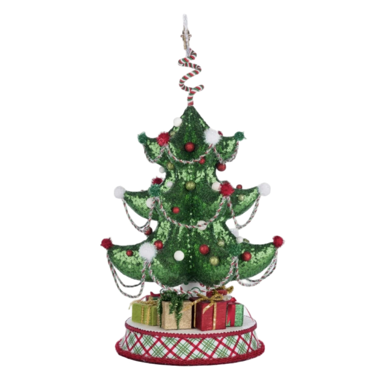 Custom sequin tree hat with fur lining and holiday embellishments from Village of Holly Woods collection.