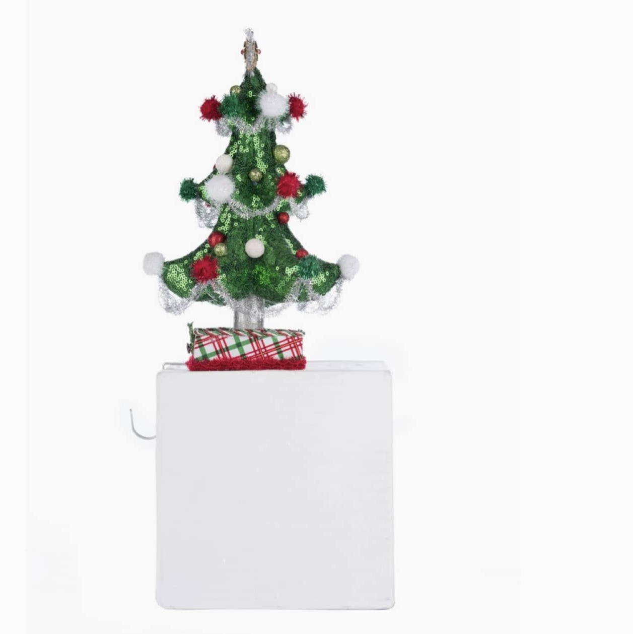 Side angle of Whimsical Tree Stocking Holder featuring ornaments and garland, SKU 28-428355, GTIN 810074128377
