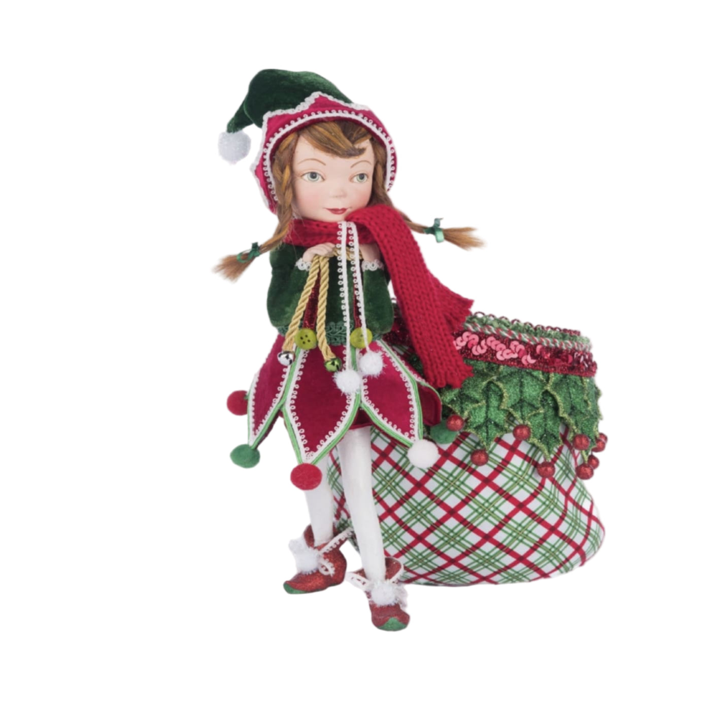 Katherine’s Collection Winter Snowdrop Elf With Bag front view, SKU 28-428412, GTIN 810074128506, hand-painted resin holiday decor.