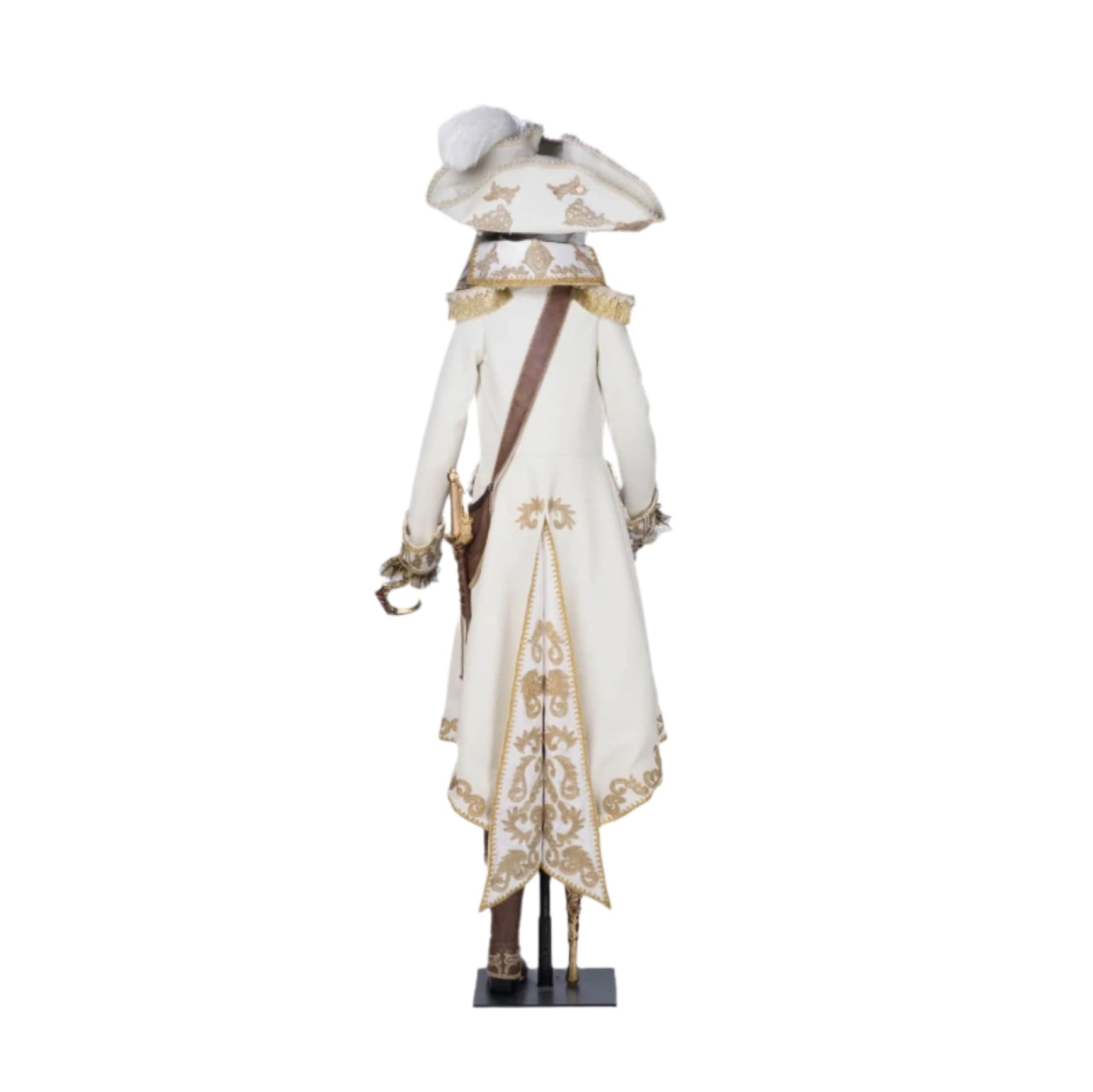 Back view of Captain Skully Swashbuckler life-size Halloween doll by Katherine’s Collection – ornate pirate costume and goldleaf peg leg