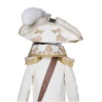 Back view of hat Captain Skully Swashbuckler life-size Halloween doll by Katherine’s Collection – ornate pirate costume and goldleaf peg leg