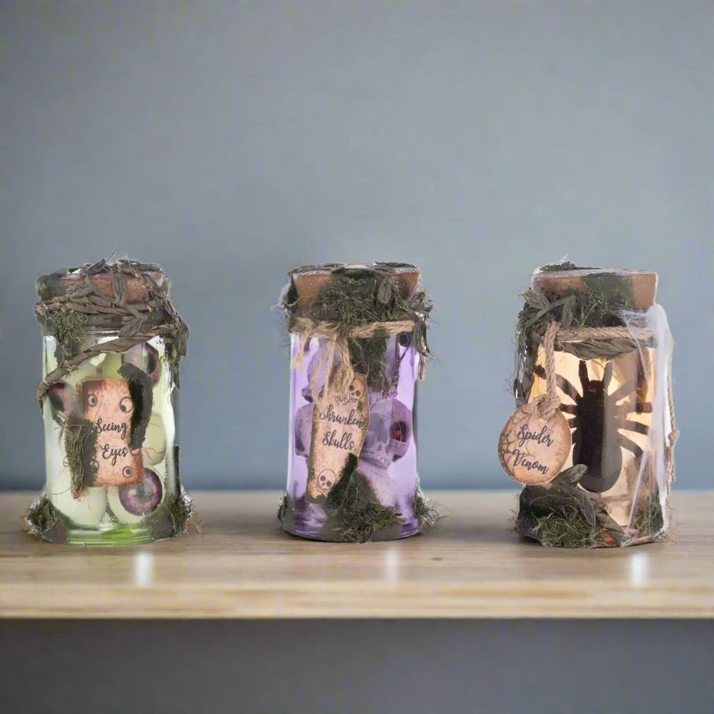 Broomstick Acres hand-decorated potion jar trio – Halloween home decor