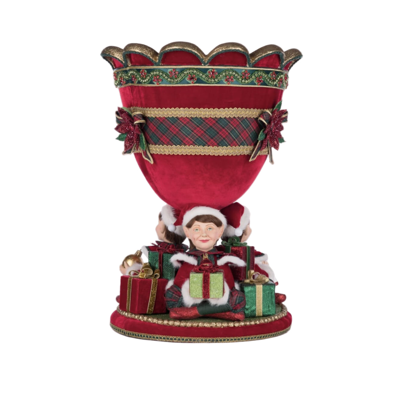 Hand-sculpted elf urn with velvet and gold embellishments