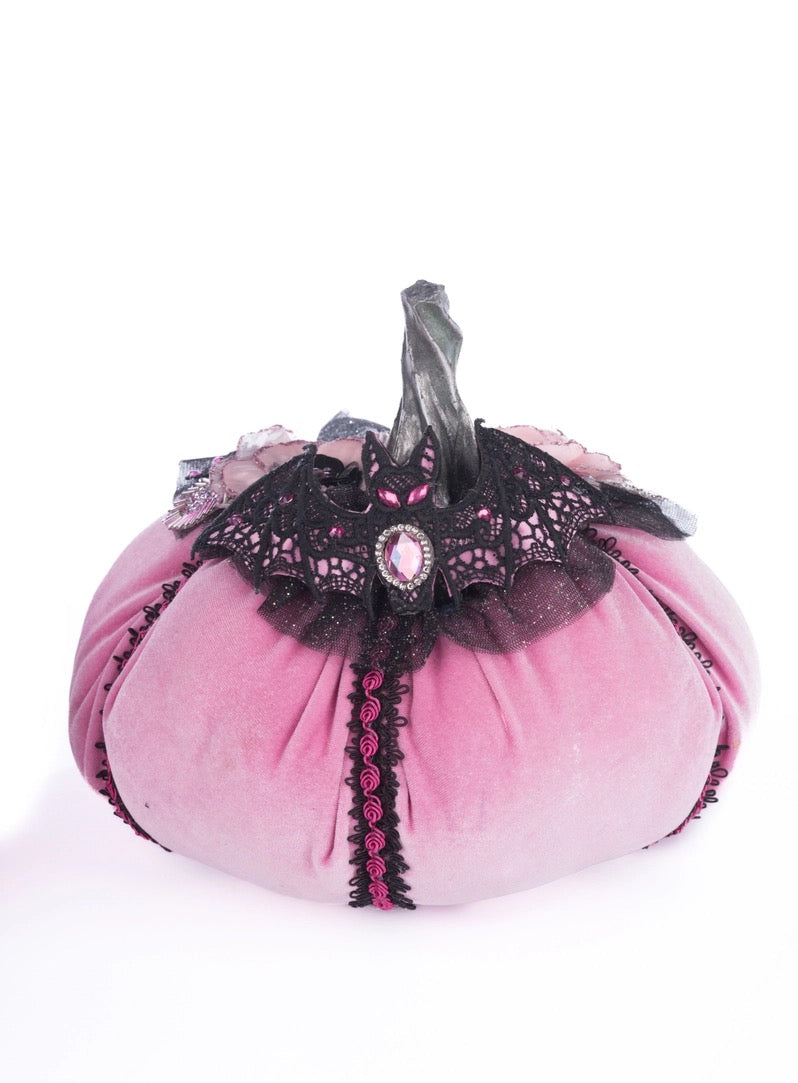 Pink Panic Possession velvet pumpkins with silver twisted stems and tulle