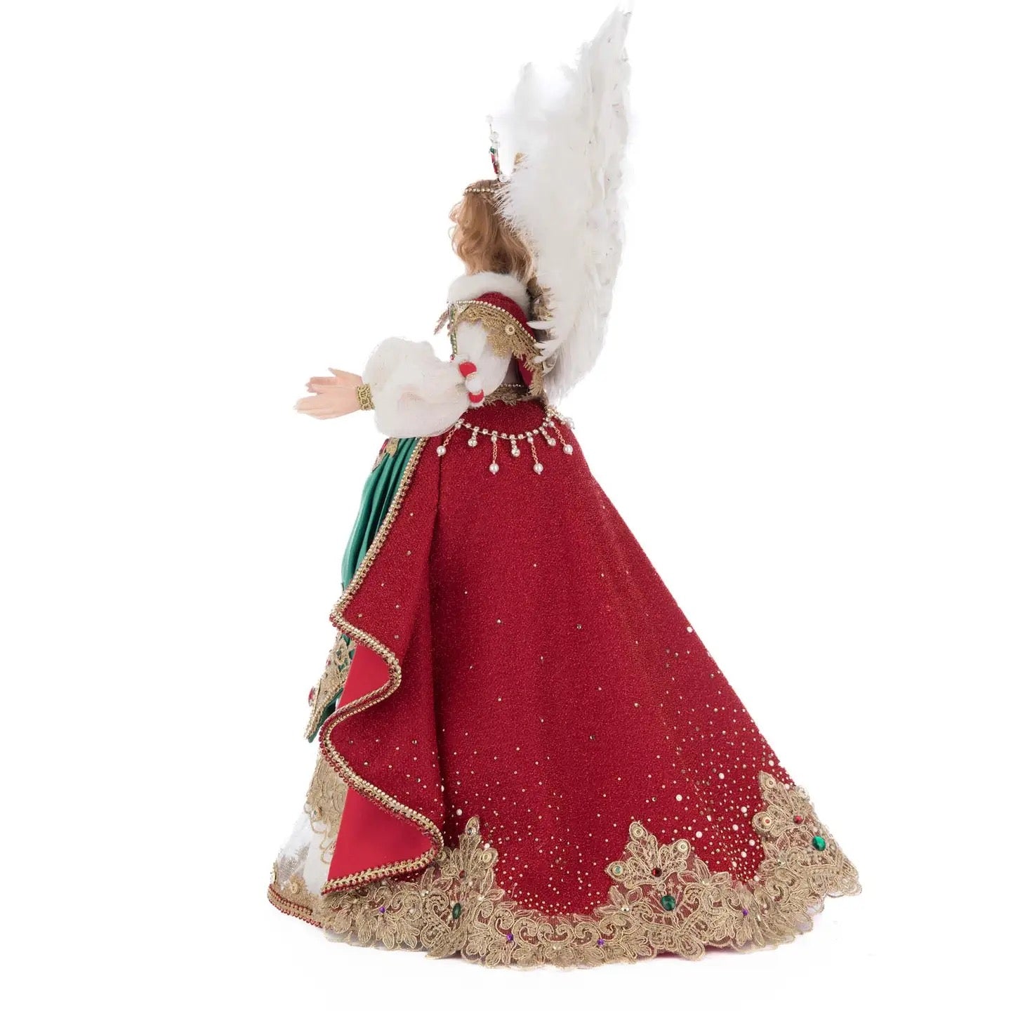 Elegant angel tree topper in red and green dress with crystal gems and gold brocade, SKU 28-528808, GTIN 810187071324