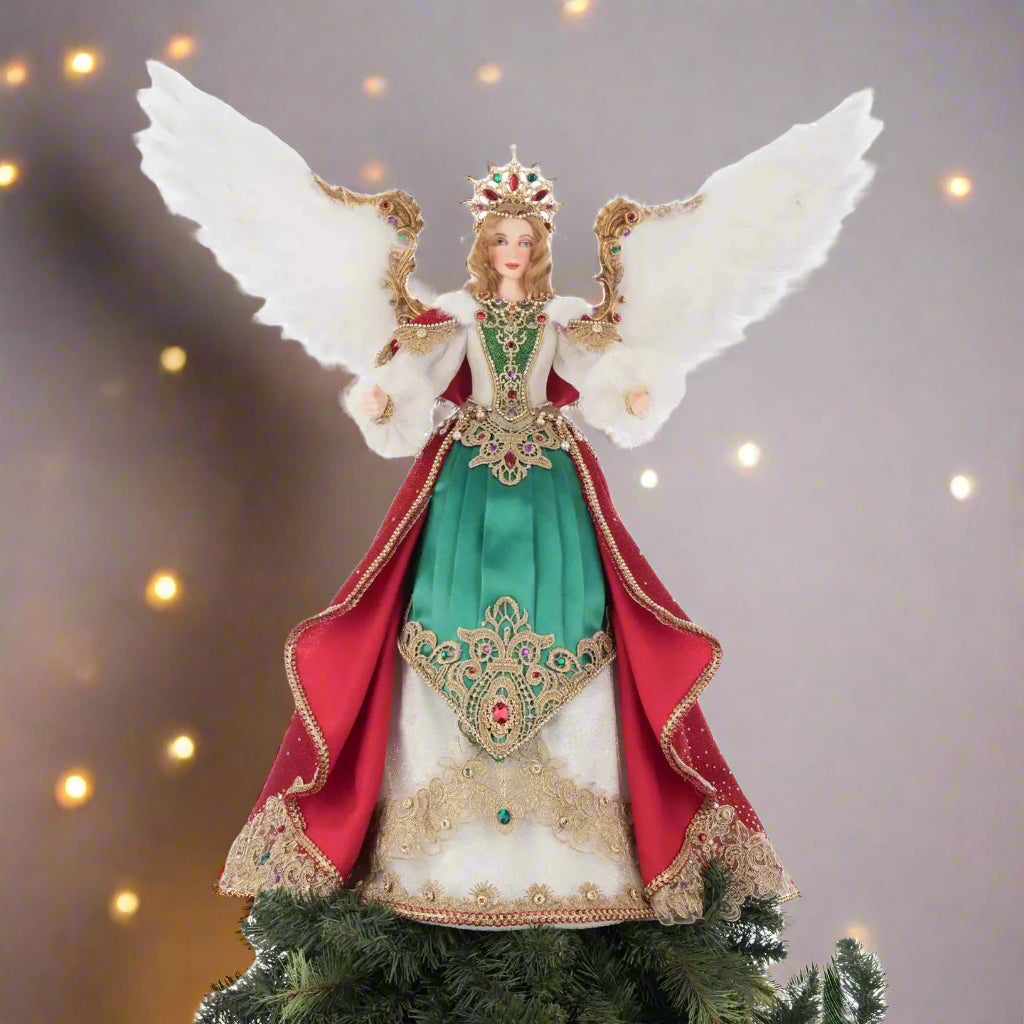 Handcrafted Katherine’s Collection angel in regal holiday attire with rhinestones and gold accents, SKU 28-528808, GTIN 810187071324