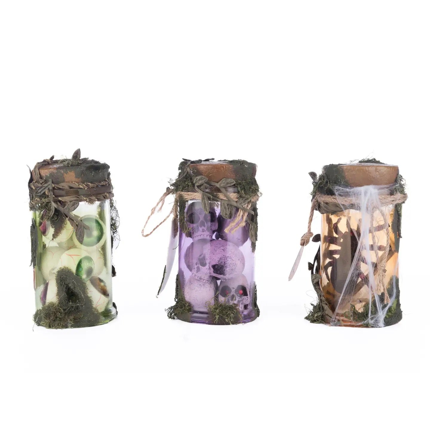 Glass and resin artisan jars with moss and vines – Broomstick Acres collection