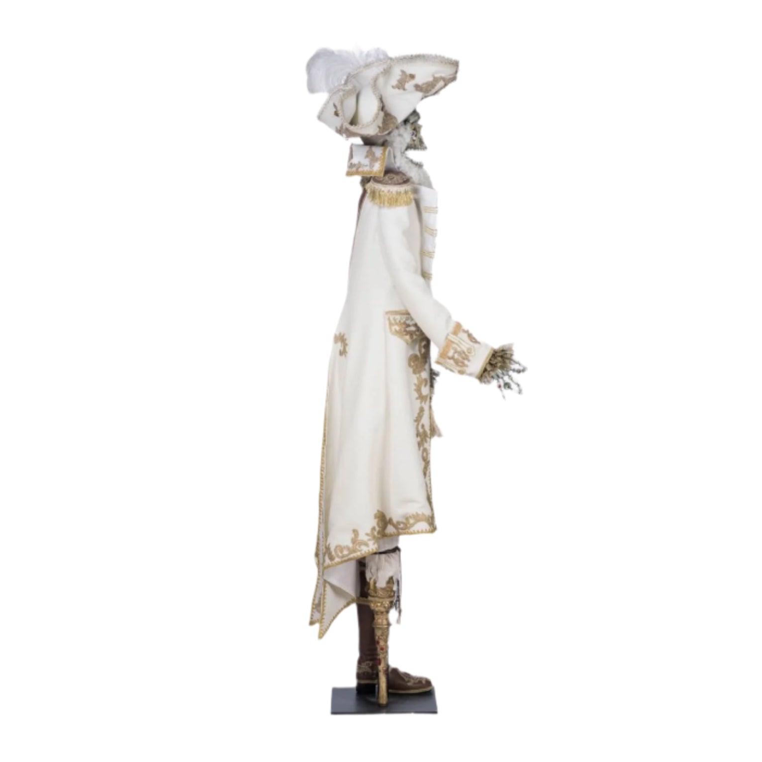 Right Side View of Captain Skully Swashbuckler life-size Halloween doll by Katherine’s Collection – ornate pirate costume and goldleaf peg leg