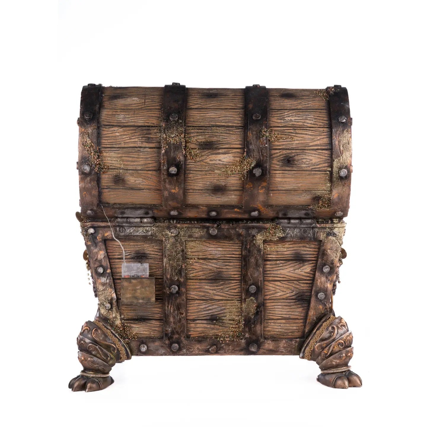 Back view of Chester the Treasure Chest Candy Container by Katherine’s Collection – decorated with gold coins, jewels, and pearls