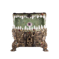 Front view of Chester the Treasure Chest Candy Container by Katherine’s Collection – decorated with gold coins, jewels, and pearls