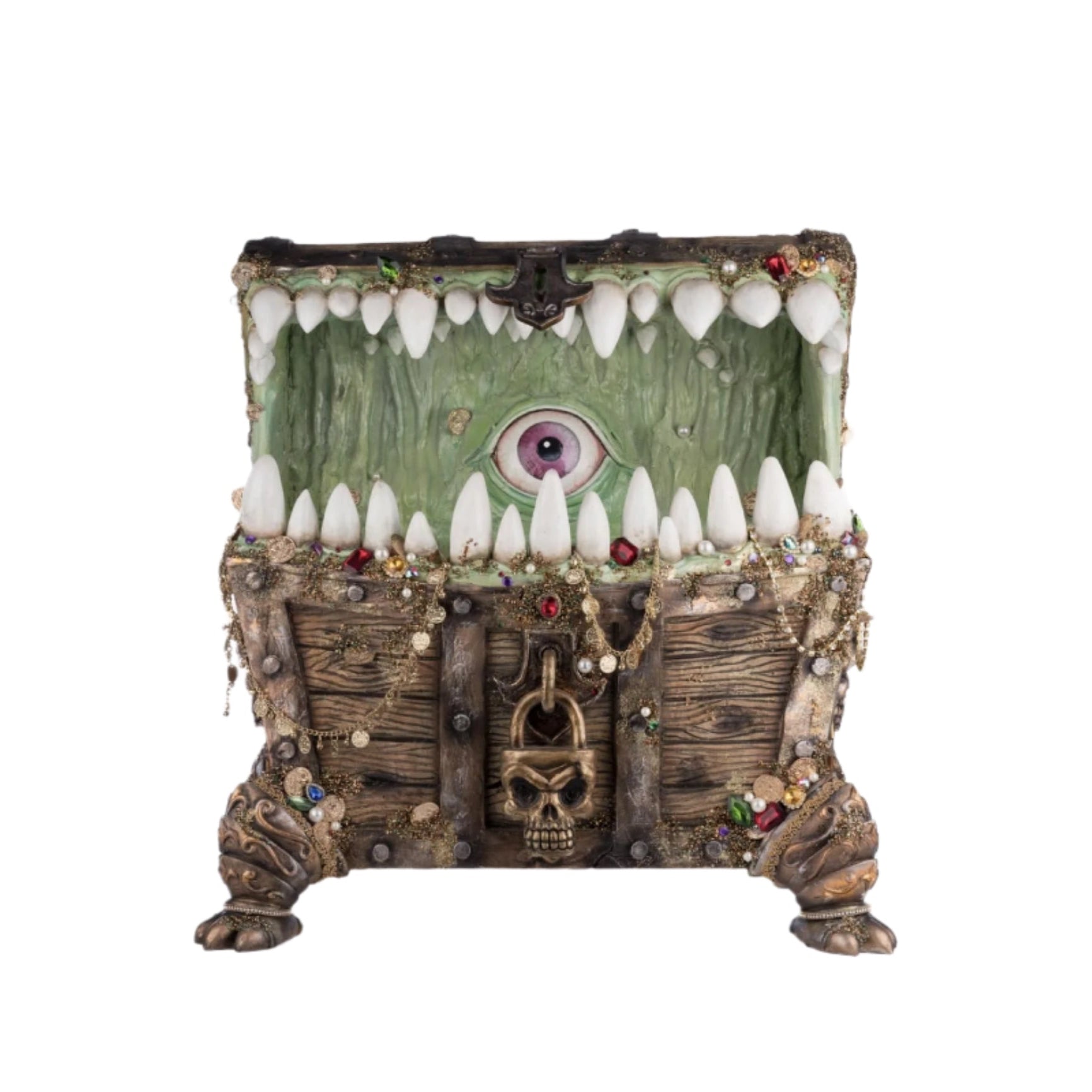 Front view of Chester the Treasure Chest Candy Container by Katherine’s Collection – decorated with gold coins, jewels, and pearls