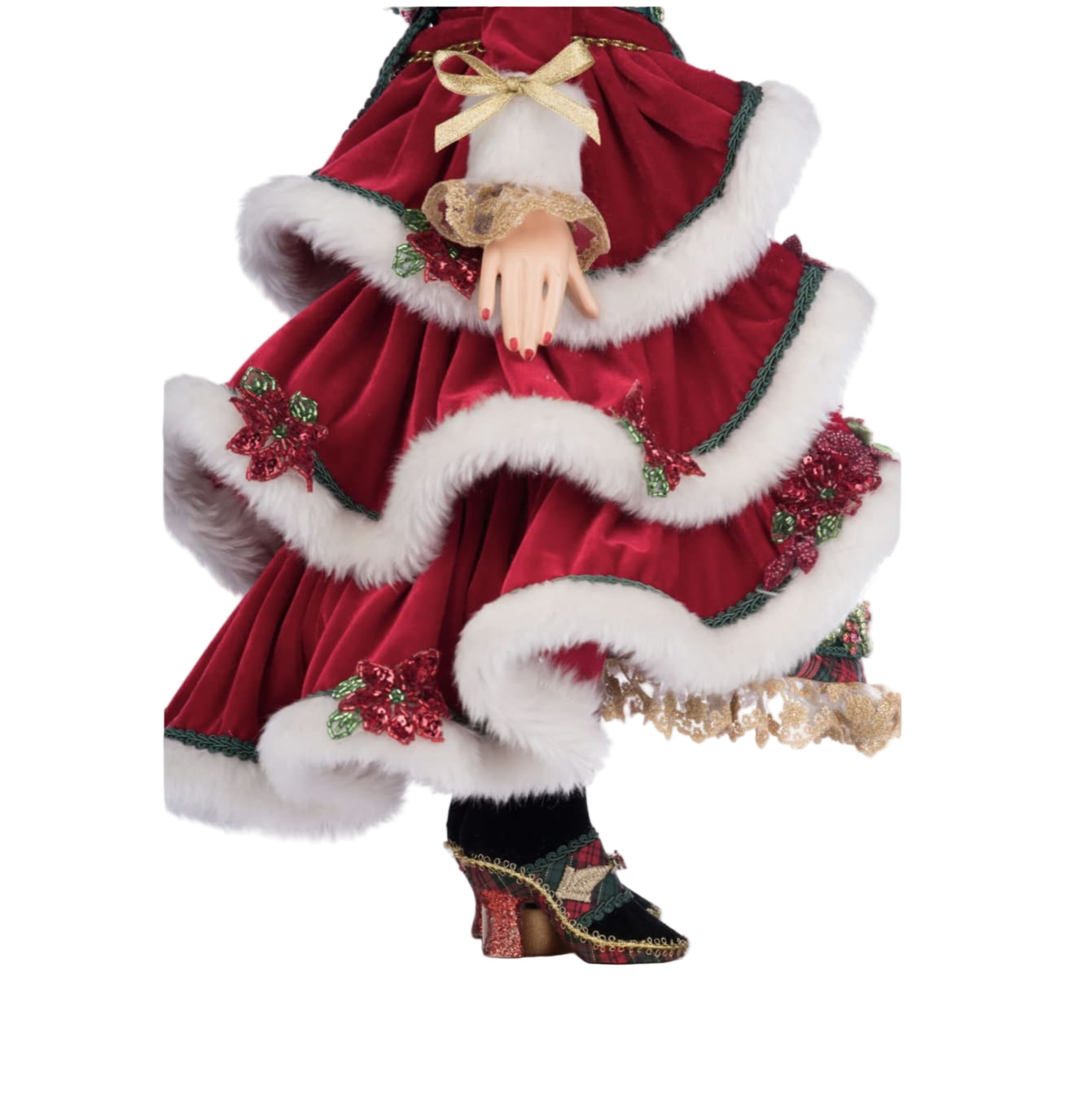 Close-up of fur trim and jeweled poinsettia accents on Mrs. Claus, SKU 28-428316, GTIN 810074128100