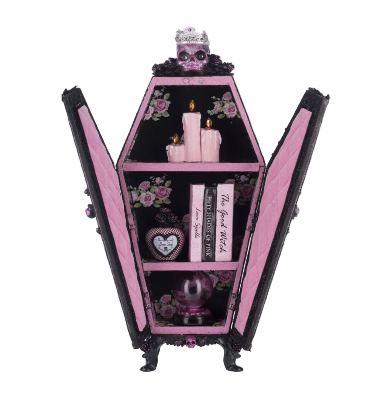 Katherine’s Collection Coffin Cabinet Menagerie with roses, skulls, and pink velvet interior, SKU 28-428153.