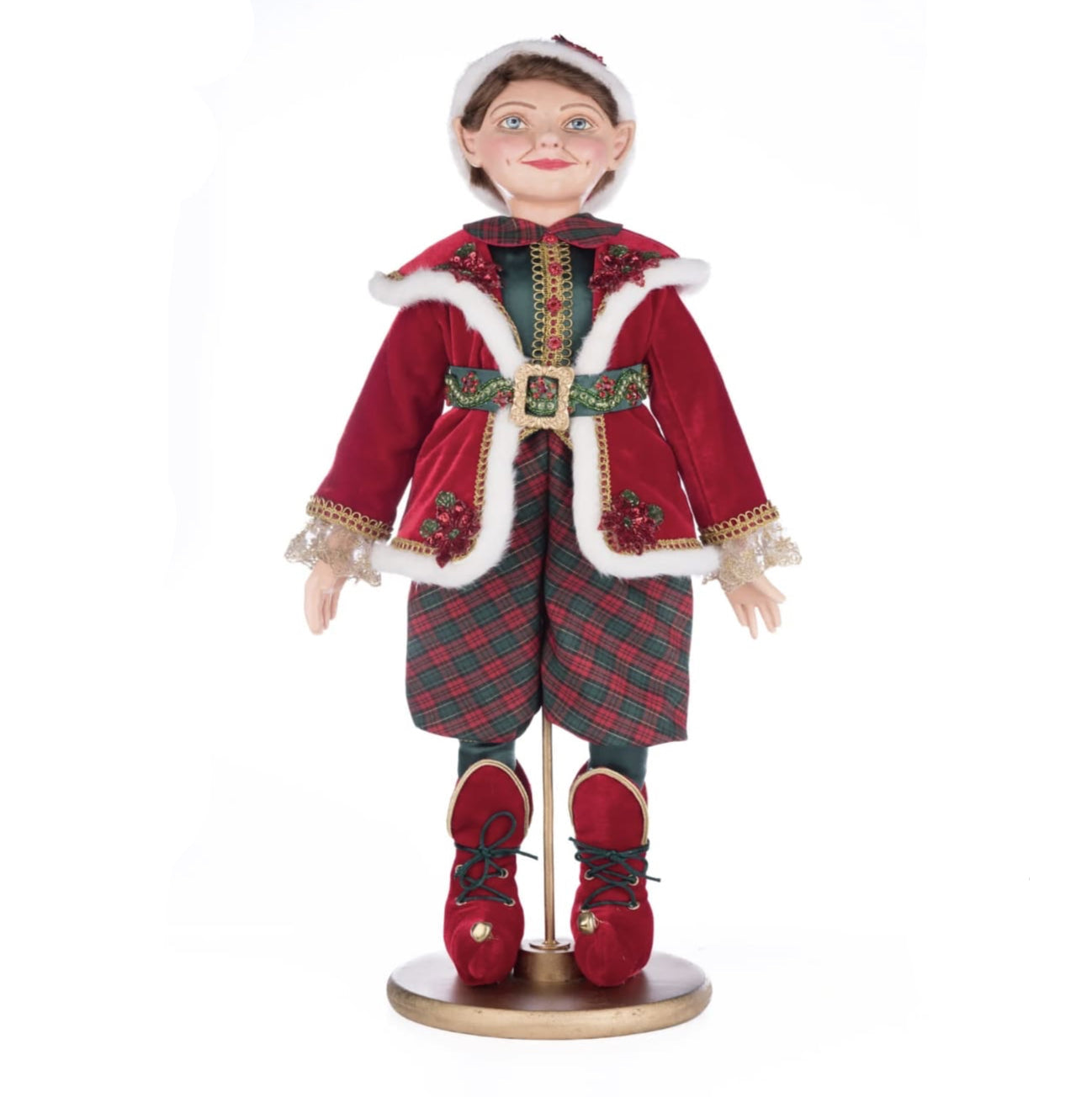 Front view of Katherine’s Collection Dash O Magic Boy Elf in velvet and plaid